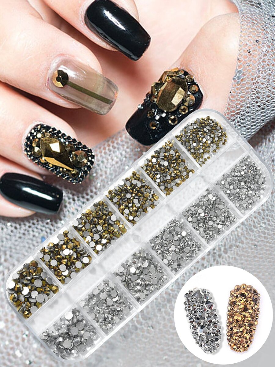 Hộp hình chữ nhật 12 ô đính đá Rhinestone màu vàng và bạc, khoảng 1200 viên - Nhiều màu - Xem 1
