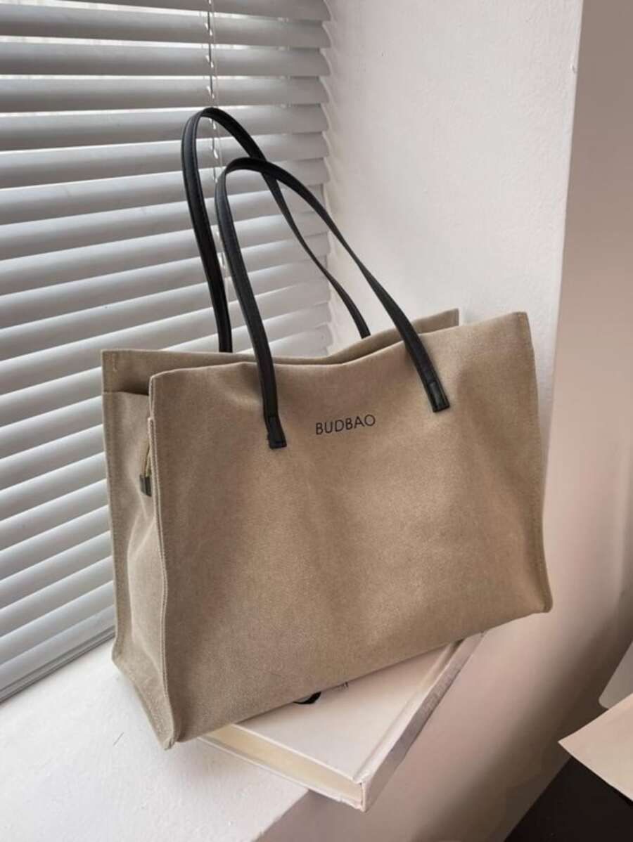 Khaki lettering graphic shoulder tote bag stylish linen tote bag, shopping bag, grocery and gift book bag - Khaki - View 1