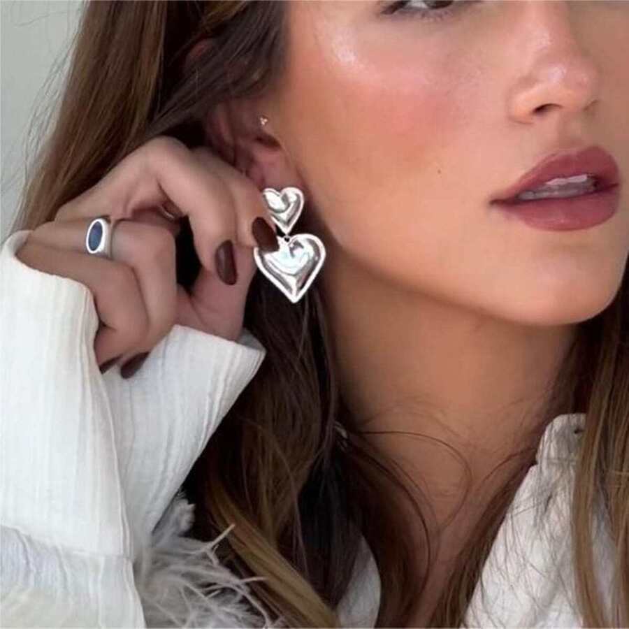 VKHK Elegant Stainless Steel Double Heart Shaped Drop Earrings For Women Valentines,Mom,Mother,Mother's Day,Gift - Silver - View 1