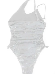 Snakeskin Pattern One Shoulder Drawstring Side One Piece Swimsuit Summer - White - View 4