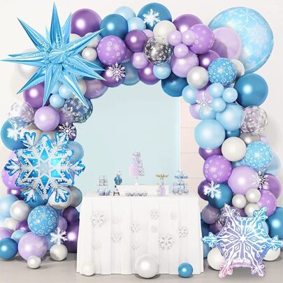 Ice & Snow Theme Balloon Chain Set, Includes Snowflake Foil Balloons And Glitter Blue/Purple/Chrome Metallic Pearl Latex Balloons, Suitable For 1st, 2nd, 3rd, 5th Birthday, Frozen Princess Theme Party Decor Accessories