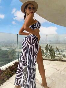 女士比基尼套装，斑马条纹印花，单肩网眼设计，带开叉大腿遮盖裙，夏季海滩 - 黑與白 - 查看 2