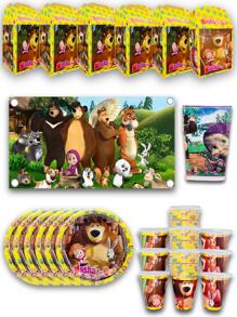 Party Kit 30 Character Guests Bear And Masha Disposable 92 Pcs Cardboard Decoration Items Plates Cups Sweets + Canvas + Tablecloth - 黑色 - 查看 1