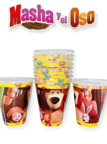 Party Kit 30 Character Guests Bear And Masha Disposable 92 Pcs Cardboard Decoration Items Plates Cups Sweets + Canvas + Tablecloth - 黑色 - 查看 3