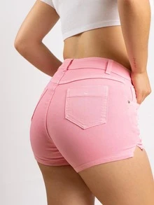 KEMERLING STUDIO Short De Mezclilla Rosa Ajustado con Desgaste Tela Strech - Rosa - Ver 4