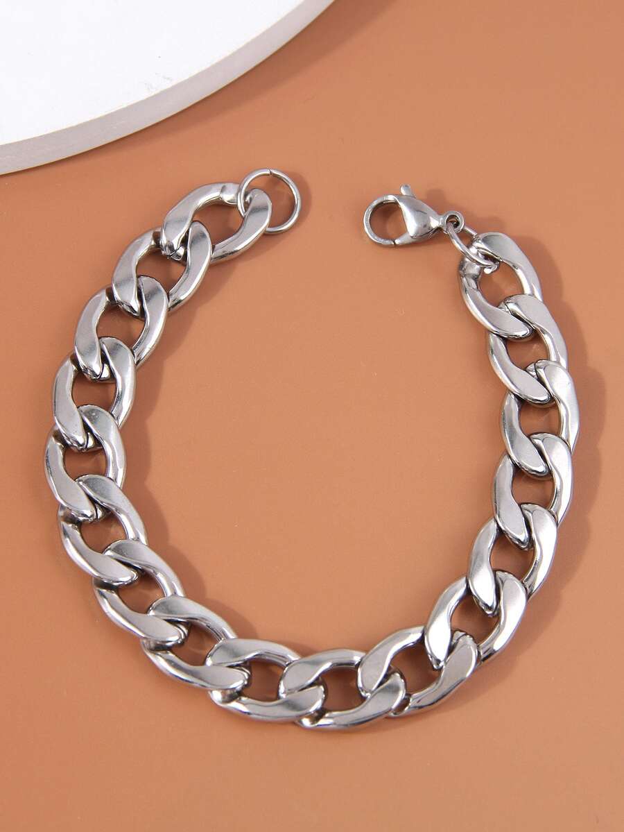 1入組簡約風不銹鋼粗鏈條風格手環適合男士 - 銀色 - 查看 1