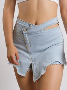 KEMERLING STUDIO Short Falda De Mezclilla Cruzado Diagonal Skort con Apertura En Cintura Y Desgaste Casual Para Mujer - Azul - Ver 3