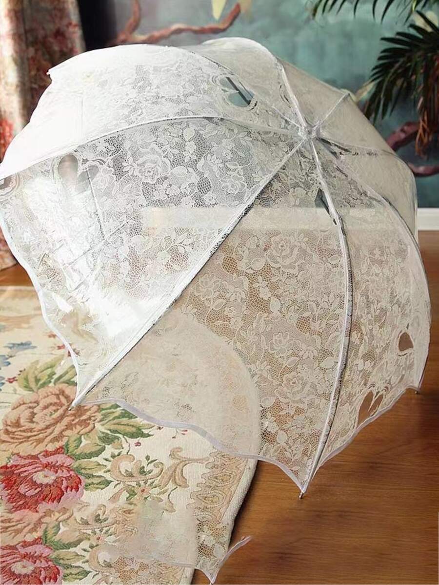 1入組女士們時尚透明八羅紋防紫外線全自動雨傘適合婚禮和婚禮,白色 - 白色 - 查看 1