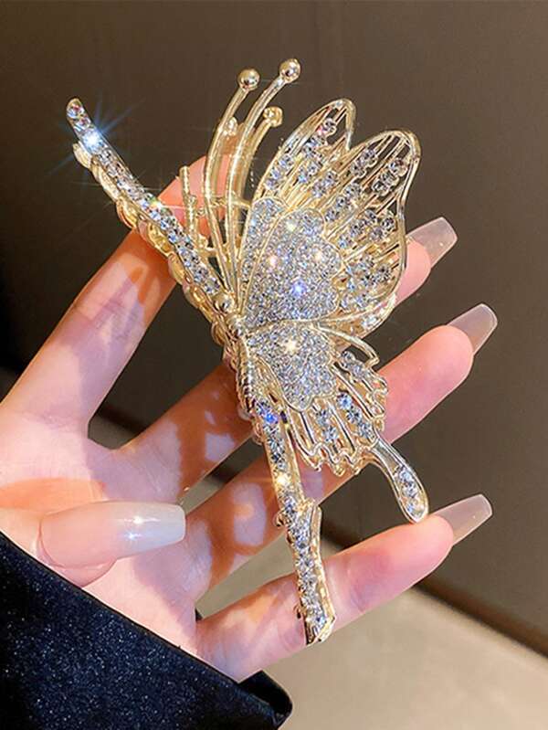 1 pieza Clip de mariposa con rhinestones de metal para mujer, accesorios de moda para peinados recogidos, tiaras, clips para el cabello, pinzas para el cabello, sujetadores para el cabello, para fiestas, escuela, universidad, vacaciones, atuendos de otoño e invierno para mujer