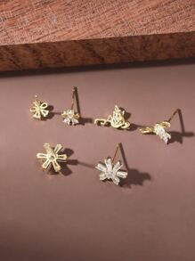 6pcs Simple & Delicate Snowflake & Swan & Flower Combination Earrings For Women, Holiday Gift - Yellow Gold - View 3