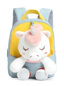 Mochila Escolar para niños Mochila Estudiantes para Primarias Unicornio de bolsa escolar de dibujos animados Peluche Desmontable - verde menta - Ver 1