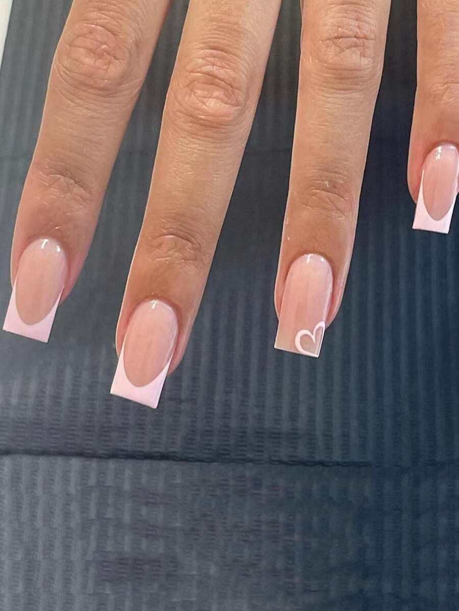 24片粉色法式假指甲，时尚粉色美甲，Eufang防水可卸指甲贴纸套装，按压式指甲，美甲用品