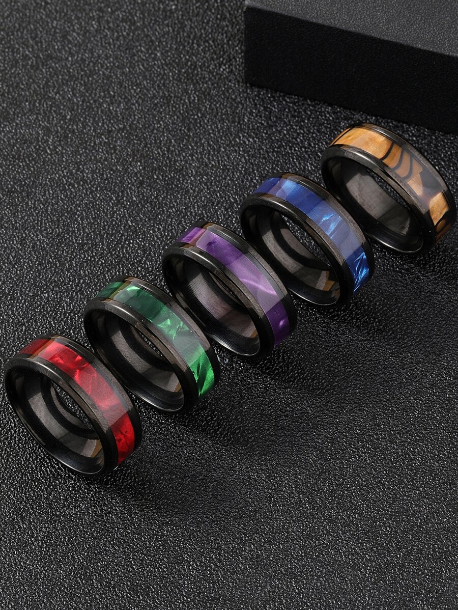 5pcs stainless steel black men's simple fashion ring set suitable for daily decoration red, purple, green, blue, orange - Multicolor - View 1