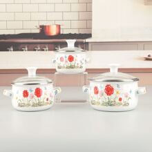 3pcs/set 12-14-16cm Enamel Pot With Glass Cover, Mini Pot, Full Flower Multi-purpose Soup Pot