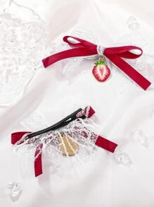 2 cái/bộ nơ ren trắng phong cách học sinh nữ & kẹp tóc dâu tây phụ kiện tóc dễ thương cho Giáng sinh - Nhiều màu - Xem 3