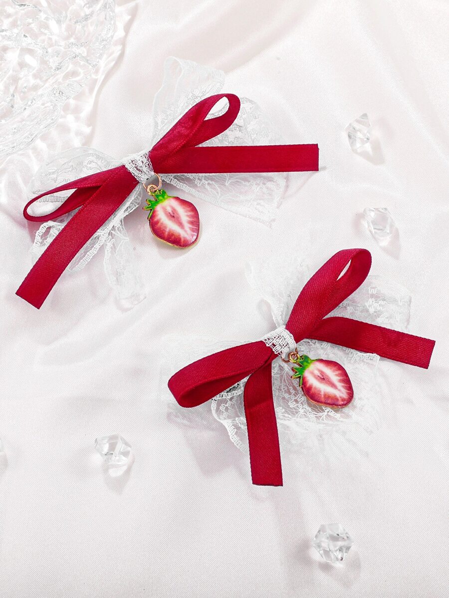 2 cái/bộ nơ ren trắng phong cách học sinh nữ & kẹp tóc dâu tây phụ kiện tóc dễ thương cho Giáng sinh - Nhiều màu - Xem 1