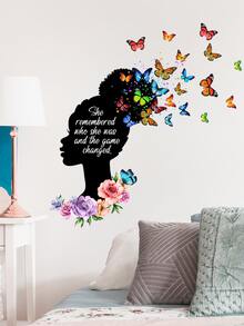 1 pieza Pegatina de pared con dibujos animados silueta chica & con mariposa casa adorno - Multicolor - Ver 2