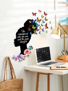 1 pieza Pegatina de pared con dibujos animados silueta chica & con mariposa casa adorno - Multicolor - Ver 3