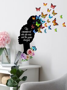 1 pieza Pegatina de pared con dibujos animados silueta chica & con mariposa casa adorno - Multicolor - Ver 5