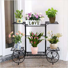 Large Garden Cart Stand Flower Wheel Rack Shelf Dissplay Pot Plant Holder Stand - Black - View 2