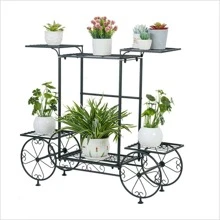Large Garden Cart Stand Flower Wheel Rack Shelf Dissplay Pot Plant Holder Stand - Black - View 3