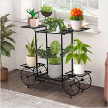 Large Garden Cart Stand Flower Wheel Rack Shelf Dissplay Pot Plant Holder Stand - Black - View 6