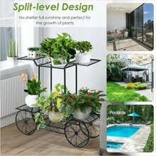 Large Garden Cart Stand Flower Wheel Rack Shelf Dissplay Pot Plant Holder Stand - Black - View 9