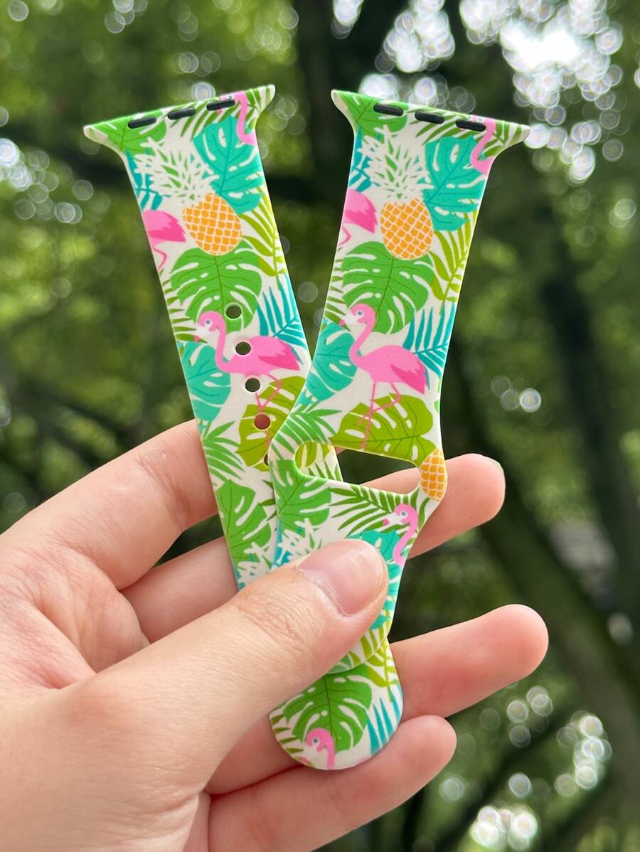 1入组火烈鳥和樹葉圖案矽膠錶帶，適用於日常生活 - 彩色 - 查看 1