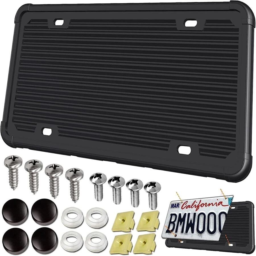 Silicone License Plate Frame - 1 Pack Black License Plate Frame,Front or Rear Cover Slim Holder with Screws, Black Screw Caps, with Rust-Proof. Rattle-Proof. Weather-Proof for Women, Men - Black - View 1