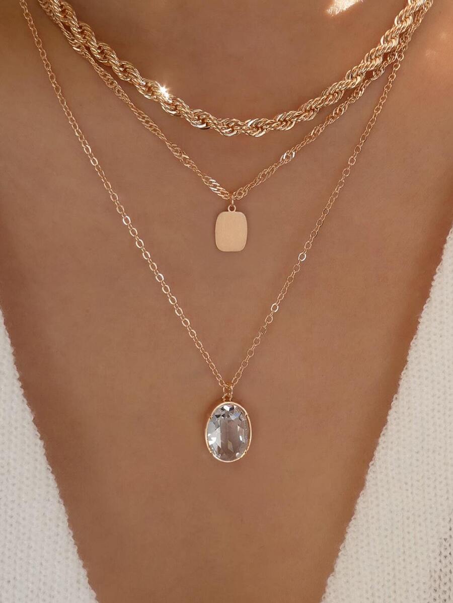 水鑽橢圓形和方形吊墜多層次項鍊