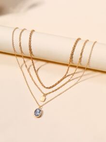 水鑽橢圓形和方形吊墜多層次項鍊