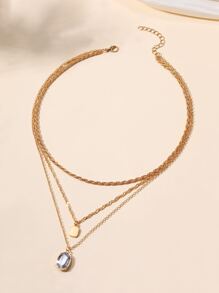 水鑽橢圓形和方形吊墜多層次項鍊