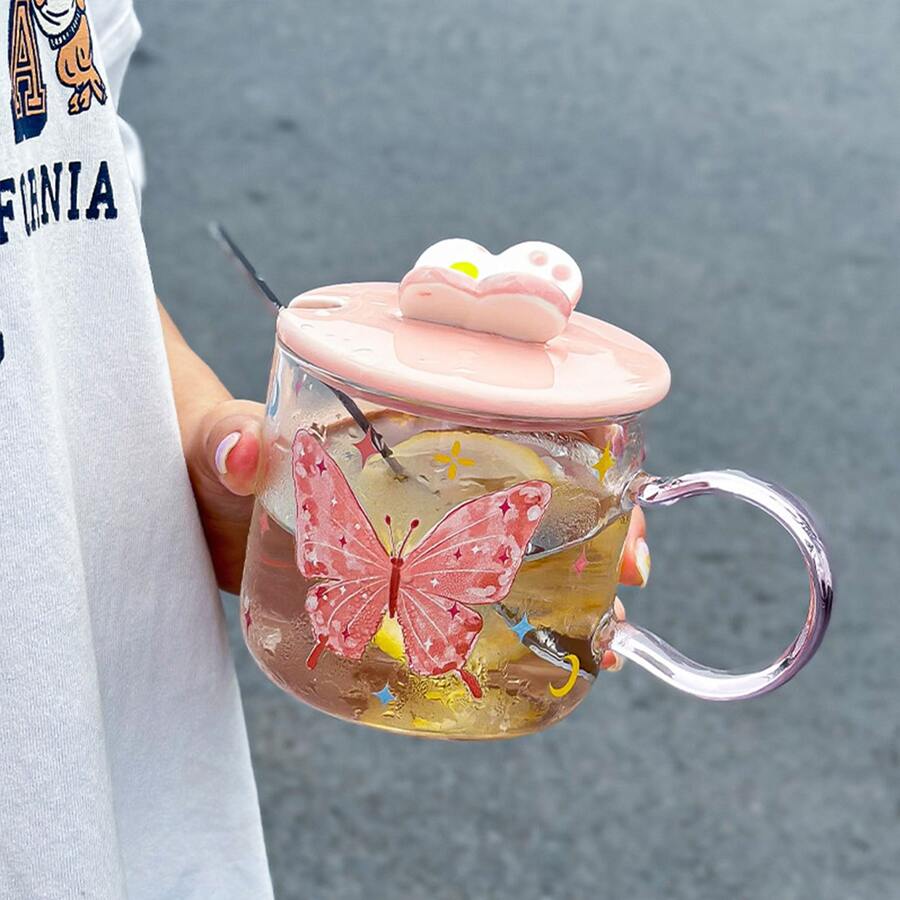 1 件 490 毫升粉紅色蝴蝶玻璃咖啡杯帶蓋和勺子 - 粉色 - 查看 1