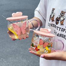 1 件 490 毫升粉紅色蝴蝶玻璃咖啡杯帶蓋和勺子 - 粉色 - 查看 6