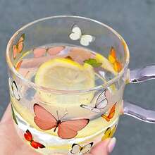 1 件 490 毫升粉紅色蝴蝶玻璃咖啡杯帶蓋和勺子 - 粉色 - 查看 2