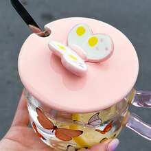 1 件 490 毫升粉紅色蝴蝶玻璃咖啡杯帶蓋和勺子 - 粉色 - 查看 3