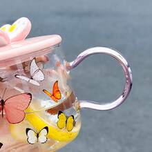 1 件 490 毫升粉紅色蝴蝶玻璃咖啡杯帶蓋和勺子 - 粉色 - 查看 5