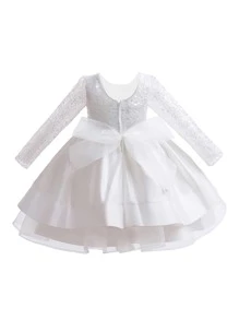 少女可愛優雅固色長袖裙,後背網眼及蝴蝶結裝飾,適用於學校演出 - 白色 - 查看 3