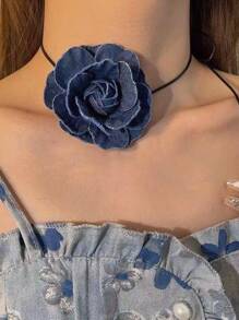 1pc Women's Denim Choker With French Rose Decoration Elegant