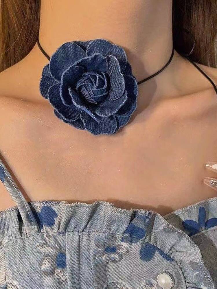 1pc Women's Denim Choker With French Rose Decoration Elegant - Blue - View 1