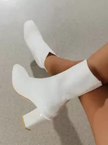 Women's Fashion Versatile Solid Color Chunky Heel Knit Boots - White - View 3