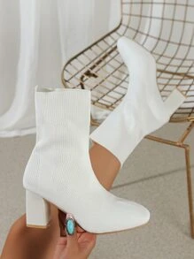 Women's Fashion Versatile Solid Color Chunky Heel Knit Boots - White - View 1