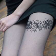 3 Diseños /se Tatuajes Temporales De Jugo De Frutas Naturales Para Las Piernas Con Diseño De Flores Y Lazos De Moda, Larga Duración A Prueba De Agua Y Sudor - Blanco y Negro - Ver 6