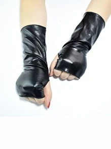 1入組短酷露指發亮漆皮手套,龐克舞蹈角色扮演服飾配件 - 黑色 - 查看 4