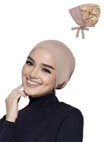 1頂希賈布帽,阿拉伯婦女用傳統內衬頭巾,雙面加厚緞面材質,帶彈力帶,適合日常佩戴 - 卡其色 - 查看 1