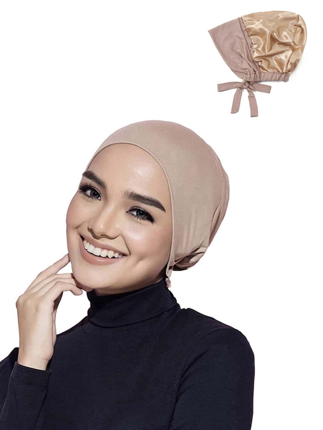 1頂希賈布帽,阿拉伯婦女用傳統內衬頭巾,雙面加厚緞面材質,帶彈力帶,適合日常佩戴 - 卡其色 - 查看 1