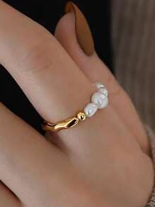 925純銀戒指，天然珍珠彈性精緻珠串環，簡約精緻的禮物，適合任何場合的婚禮珠寶新娘飾品 - 金色 - 查看 2