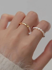 925純銀戒指，天然珍珠彈性精緻珠串環，簡約精緻的禮物，適合任何場合的婚禮珠寶新娘飾品 - 金色 - 查看 3