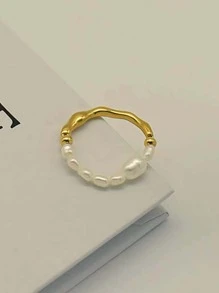 925純銀戒指，天然珍珠彈性精緻珠串環，簡約精緻的禮物，適合任何場合的婚禮珠寶新娘飾品 - 金色 - 查看 4