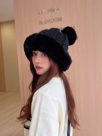 冬天2023可愛雙毛球長毛絨帽帶耳朵,黑色